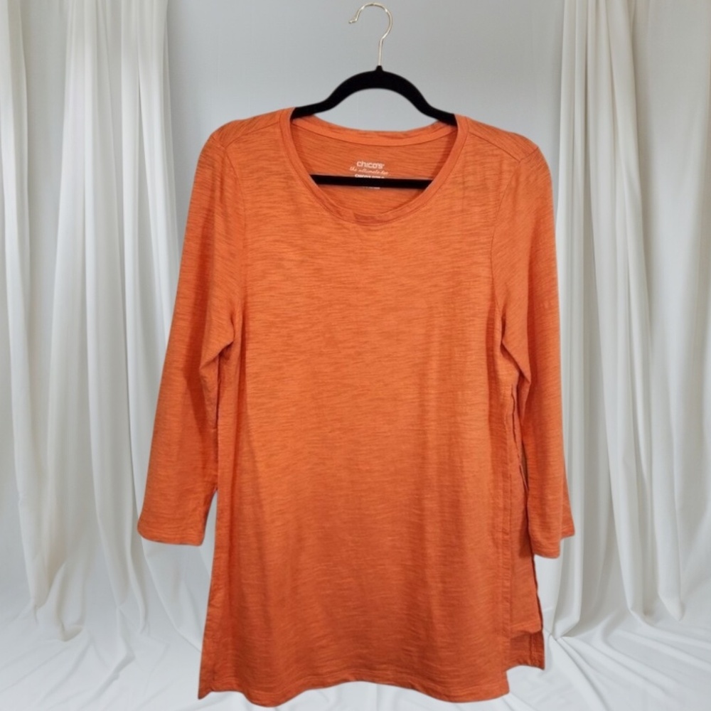 Chico's Cotton Slub Side Vent Tee 3/4 Sleeve Orange Tango Size 2 (12)